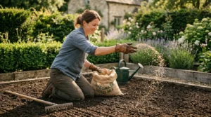 Jardinière semant du gazon à la main sur un sol préparé