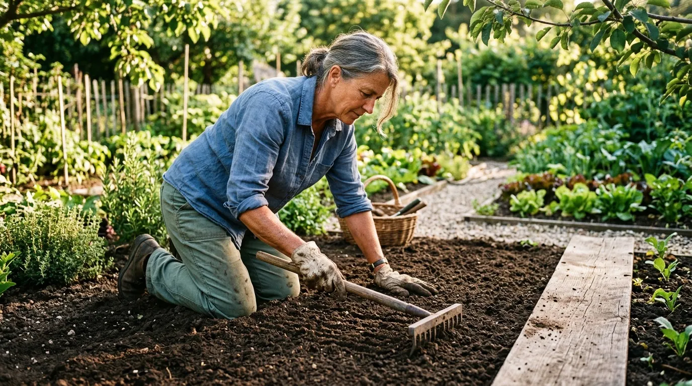 Jardinière ratissant la terre avec une planche posée à proximité